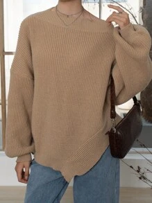 INAWLY 女士纯色不对称肩长袖休闲毛衣