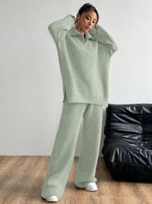 Flirla 2pcs Loose Casual Solid Color Collared Long Sleeve Top And Pants Knit Sweater Set - Green - View 6