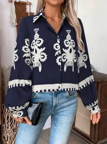 SHEIN LUNE Áo cánh tay đèn lồng in họa tiết cổ điển thường ngày cho nữ, mùa thu - Màu xanh hải quân - Xem 3