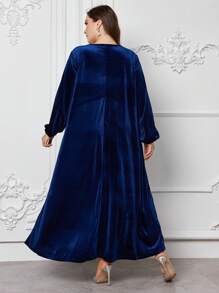 SHEIN Najma Hot Diamond Long-Sleeved Gorgeous Velvet Solid Color Plus Size Arabian Robe - Navy Blue - View 2