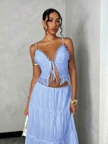 SHEIN BAE Women's Summer Beach Vacation Romantic Date Everyday Wear Sling Lace Splice Tie Top + Low Waist Ruched Holiday A-Line Super Long Dress Linen Fabric Set