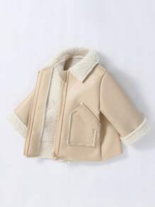 SHEIN 男婴冬季简约时尚 PU 皮革防风休闲连帽加厚保暖长袖柔软舒适夹克，宽松适合户外和家居 - 米色 - 查看 4