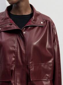 Maija 女士休闲安哥拉红色 PU 皮革拉链夹克，宽松时尚，适合日常穿着，秋冬季 - 酒紅色 - 查看 5