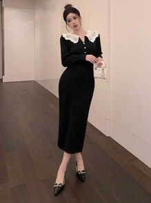 DAZY Damen Rollkragen Farbblock Langarm figurbetonte elegante Pulloverkleid, Herbst/Winter, Silvester, Herbstmode Abendkleid - Schwarz - Übersicht 2