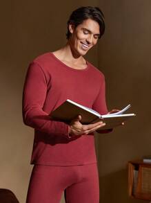Solid Color Men 2pcs Warm Outfit - Round Neck Long Sleeve Top And Long Pants Set