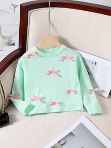 Young Girl' Knitted Sweater, Green And Pink With Bow Design, Round Neck, Soft And Warm Fabric, Suitable For Casual Wear, Outings, School And Gifting In Autumn/Winter