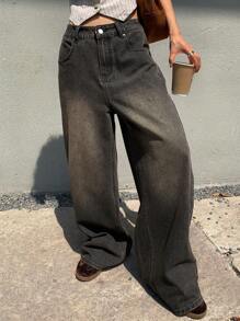 DAZY 女式复古水洗宽松直筒牛仔裤 - 深色水洗藍 - 查看 3