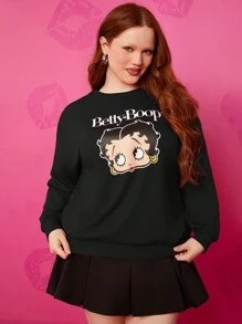 Betty Boop x SHEIN Plus Size Retro Sexy Street Trendy Y2k Herfst Zwart Klassiek Cartoon Portret Print Lange Mouw Ronde Hals Sweatshirt