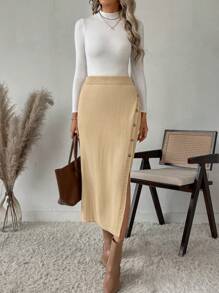 SHEIN LUNE Women Button Front High Slit Ribbed Knit Sweater Skirt
