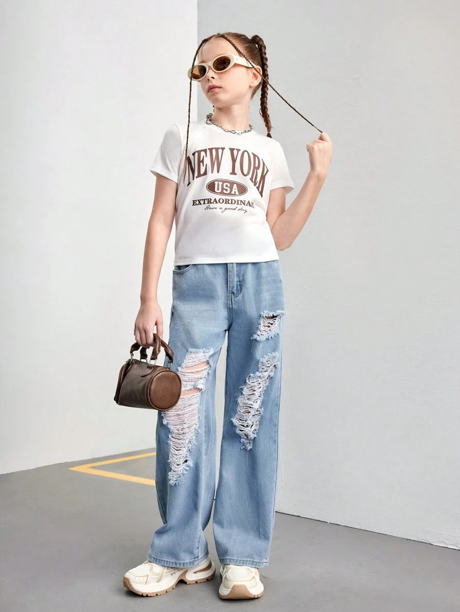 Girls Y2K Light Wash Distressed Loose Flare Jeans - Light Wash - View 1