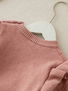 Baby Girl Textured Ribbed Solid Color Ruffled Long Sleeve Top & Tapered Pants Knit Sweater Set - Coral Orange - View 6