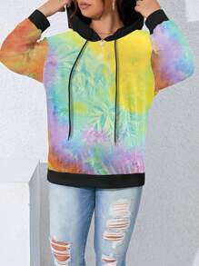 SHEIN LUNE Plus Size Women Tie Dye Printed Colorblock Drop Shoulder Drawstring Sweatshirt, Casual Style For Spring/Autumn Pullover Fall Sweatshirt - Multicolor - View 7