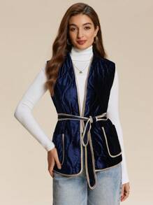 SHEIN Unity Women's Contrast Trim Belted Winter Clothes Padded Vest Puffer Jacket With Pockets - Navy Blue - View 1