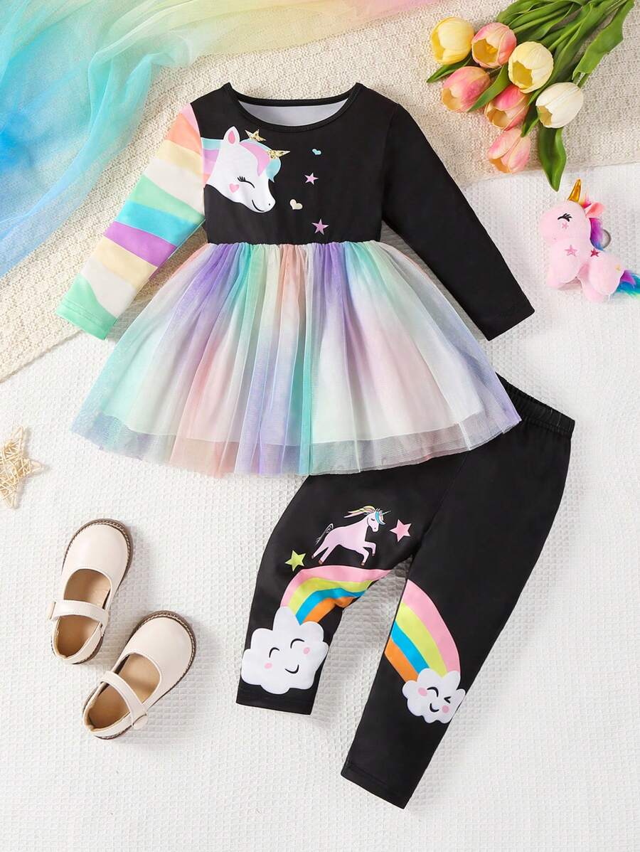 Toddler Girls Cartoon Print Fashionable Set, Long Sleeve Mesh Cute Princess Dress, Suitable For Casual, Travel And Party - Black - View 1