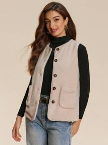 Chiquease Solid Color Front Button Sleeveless Pockets Casual Plush Faux Shearling Vest - Apricot - View 3