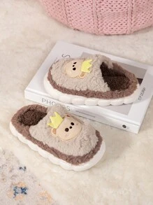 蓬松图案舒适一脚蹬圣诞儿童室内拖鞋、学生/家居服 - 咖啡棕 - 查看 1