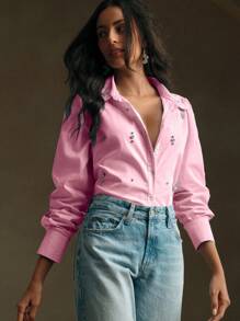 Anewsta 女士休闲办公室水钻装饰长袖衬衫、长袖上衣 - 粉色 - 查看 5