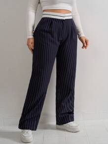 SHEIN Cottnline Plus Size Women's Striped Print Slant Pocket Straight Leg Suit Pants - Navy Blue - View 4