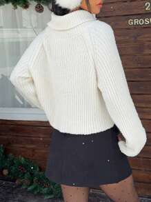 SHEIN EZwear Women's Casual Solid Color High Neck Raglan Sleeve Loose Sweater, Autumn/Winter - Beige - View 2