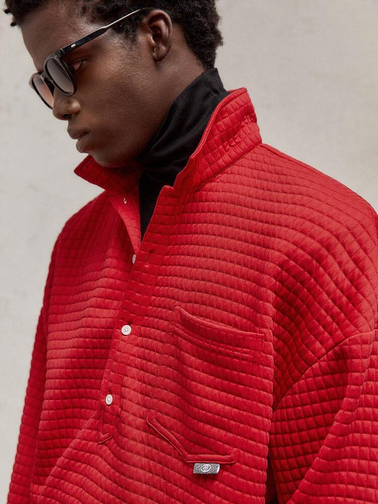 Herren figurbetonte lässige gerippte Strick Hemdkragen Langarm Poloshirt mit halboffener Front Rot, Weihnachten