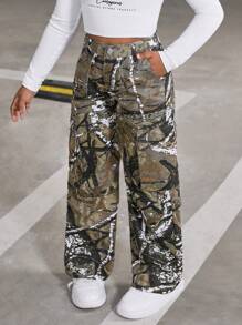 Sparklyn Dziewczyny Tween Trendy Y2K Casual Uniwersalne Spodnie Jeansowe Z Szerokimi Nogawkami W Kamuflażu, Nadające Się Do Codziennego Noszenia