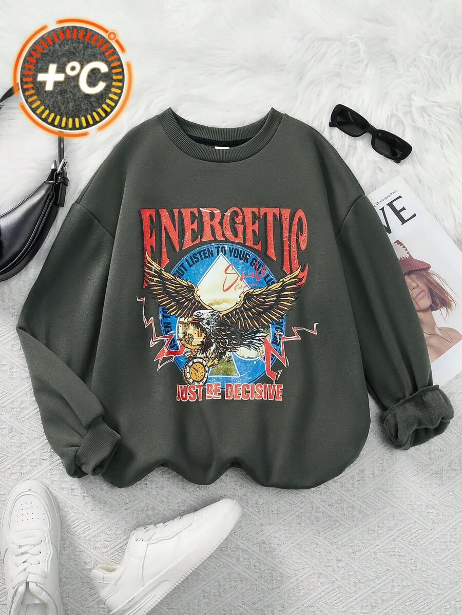SHEIN 青少年女孩时尚街头服饰针织圆领长袖保暖衬里套头衫 - 深灰色 - 查看 1