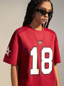 SHEIN EZwear Women's Streetwear Sportswear Athleisure Blokecore  Red Number Letter Print Tee - Red - View 7
