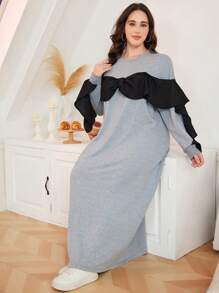 Mulvari Plus Size Women Bow Decor Contrast Color Ruffle Sleeve Sweatshirt Dress, Autumn