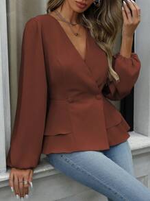 EMERY ROSE 女士休闲简约双排扣收腰衬衫，秋季，长袖上衣 - 鏽棕色 - 查看 4