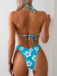 Swim Mod Summer Beach Floral Print Halter Backless Vacation Bikini Set - Multicolor - View 2