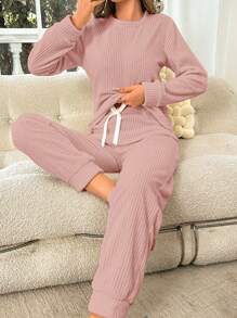 2pcs Solid Color Sherpa Crew Neck Long Sleeve Top And Pants Fluffy Pajama Set Cozy Outfit, Fall Winter Clothes