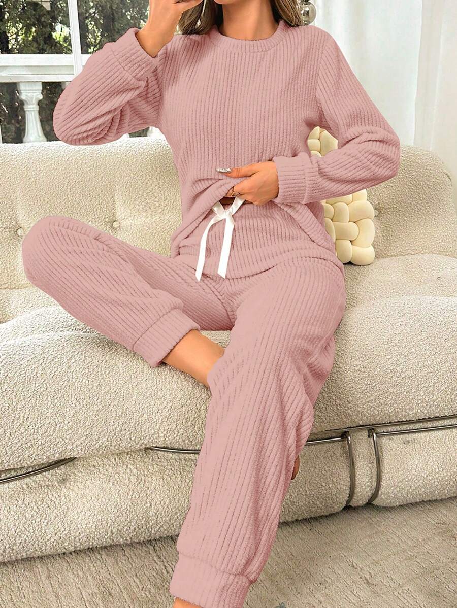 2pcs Solid Color Sherpa Crew Neck Long Sleeve Top And Pants Fluffy Pajama Set Cozy Outfit, Fall Winter Clothes