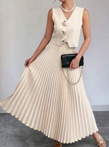 Chiquease 2pcs Women Casual 3D Flower Decor Vest And Pleated Skirt Set - Apricot - View 5