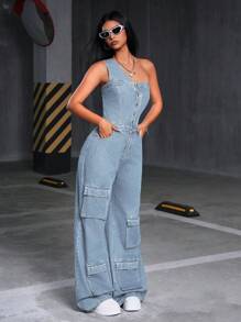 SHEIN ICON Damen Sommer lässiger Streetstyle Knopfverschluss Weites Bein Denim Jumpsuit - Mittele Waschung - Übersicht 4