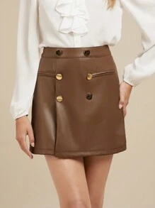 SHEIN Clasi Elegant Women's Brown Metal Button Decoration And Asymmetry In Winter, PU Skirt With Back Zipper - Brown - View 4