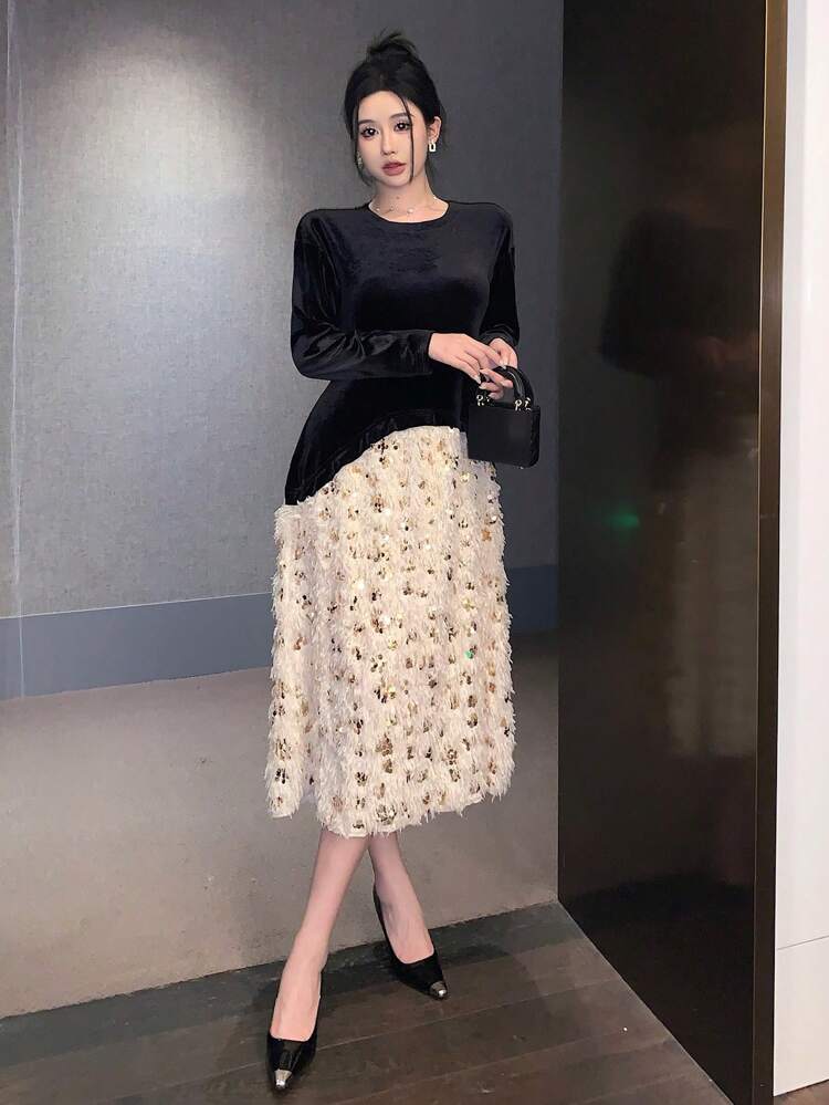 Women's Autumn Long Sleeve Sequin Patchwork Dress ,New Year Eve Prom Dress,Fall Women Clothes Elegant Women Dresses Carnival Sparkly Dress Maxi Dress