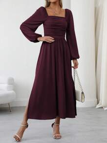 SHEIN Clasi Đầm Maxi Nữ Tay Dài Cổ Vuông Xếp Ly Xẻ Cao, Màu Trơn, Trang Phục Nữ - Màu Tím - Xem 3