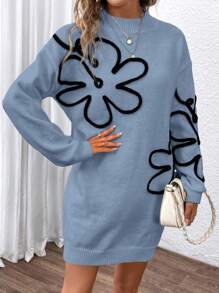 SHEIN Clasi 拼色花卉刺绣圆领休闲长袖毛衣连衣裙