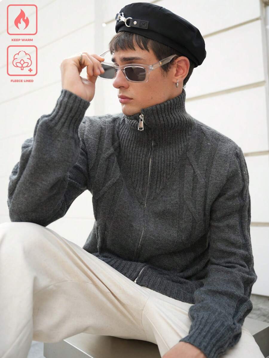 Manfinity Hypemode Men's Casual Solid Color Front Zip Cardigan, Autumn & Winter - Dark Grey - View 1