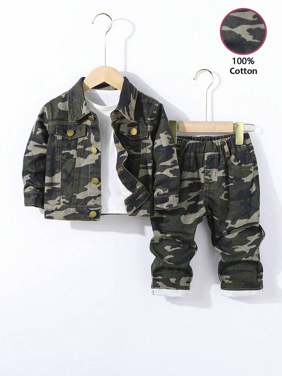 SHEIN Playful Pals Baby Boy Casual Cotton Camo Print Jacket + Tapered Jeans 2pcs Outfit Set, Comfortable Daily Wear - Army Green - View 1