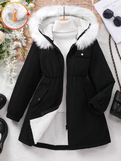 SHEIN Tween Girl Casual Everyday Warm Thermal Lined Zip-Up Hoodie, Autumn/Winter