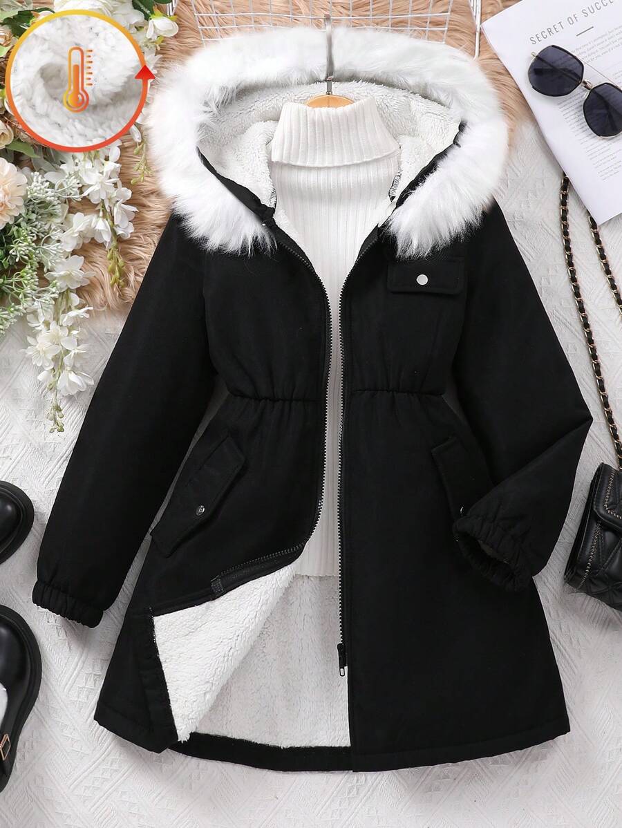 SHEIN 青少年女孩休闲日常保暖保暖衬里拉链连帽衫，秋冬 - 黑色 - 查看 1