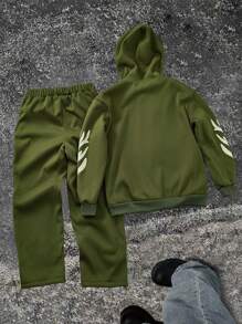 2pcs/Set Teen Boy New Hooded Print Jacket And Print Casual Pants, Brushed Fabric For Comfortable And Warm Wear, Suitable For Outdoor Sports, Family Gatherings, Leisure And Entertainment In Spring, Autumn And Winter