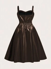 SHEIN MOOSTA 1 件女式加大码无袖 A 字形连衣裙，配有可调节肩带、松紧腰、紧身胸衣和褶皱 - 咖啡棕 - 查看 2