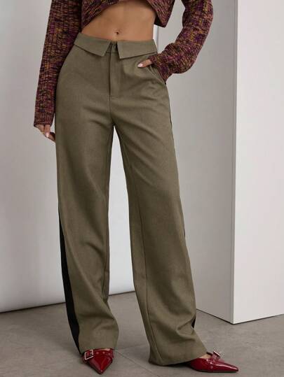 COSMINA 女式深卡其色撞色直筒裤，适合秋冬季