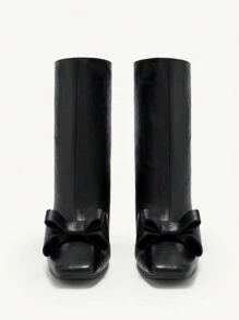 CUCCOO CHICEST Square Toe Platform Bowknot Mid-Calf Boots For Women For Christmas And New Year Holiday Valentines - Black - View 7