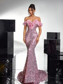 Glamrae 优雅、华丽、奢华的粉色露肩花卉亮片拼布薄纱鱼尾裙，适合婚礼、派对、约会、舞会、晚宴礼服（精致的刺绣设计）、正式晚礼服、婚礼嘉宾、毕业典礼、派对礼服 - 香檳色 - 查看 5