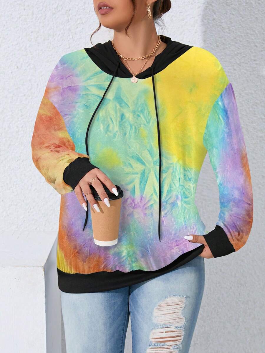 SHEIN LUNE Plus Size Women Tie Dye Printed Colorblock Drop Shoulder Drawstring Sweatshirt, Casual Style For Spring/Autumn Pullover Fall Sweatshirt - Multicolor - View 1