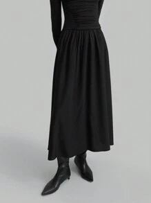 Ontre 2025 Spring New Arrival Women Black Crew Neck Long Sleeve Woven Patchwork Pleated Warm And Comfortable Maxi Versatile Elegant Dress