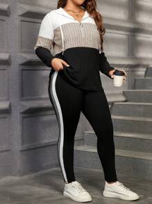 SHEIN LUNE 2pcs Plus Size Solid Color Contrast Zip-Up Hoodie Top And Pants Casual Set Winter Clothes